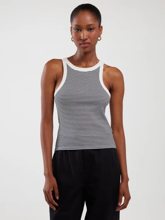 Koszulka damska slim na ramiączkach w prążek biało-granatowa Livia 403