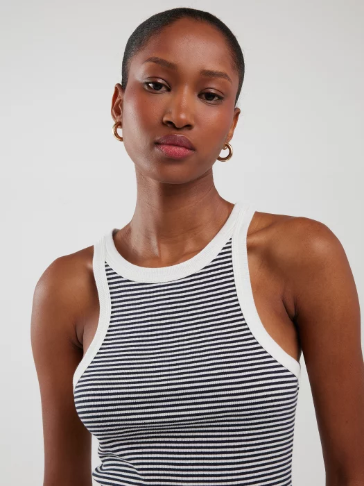 Koszulka damska slim na ramiączkach w prążek biało-granatowa Livia 403
