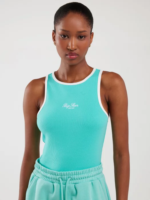 Koszulka damska na ramiączkach z kontrastowym wykończeniem turkusowa Arisa 302