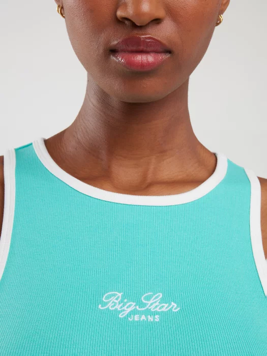 Koszulka damska na ramiączkach z kontrastowym wykończeniem turkusowa Arisa 302