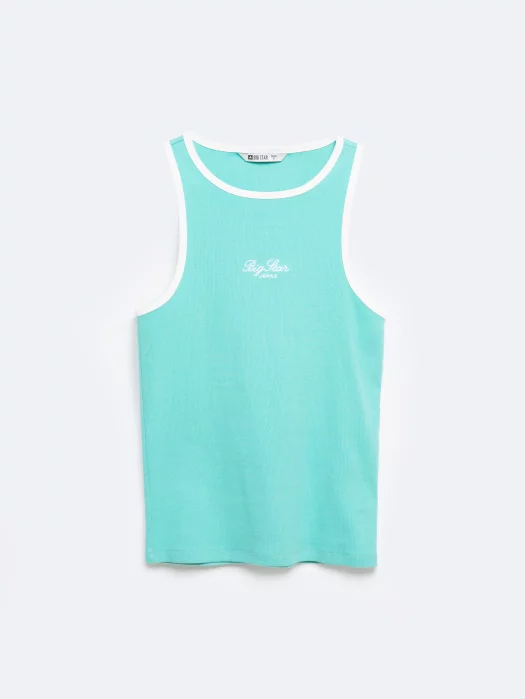 Koszulka damska na ramiączkach z kontrastowym wykończeniem turkusowa Arisa 302