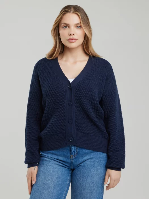 Sweter kardigan damski o strukturalnym splocie granatowy Sabira 403