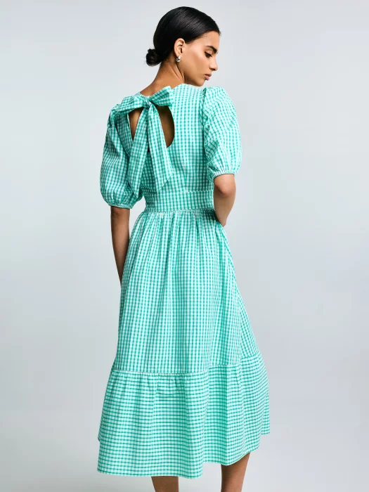Sukienka damska midi w drobną kratkę z wiązaniem na plecach turkusowa Tiko 302