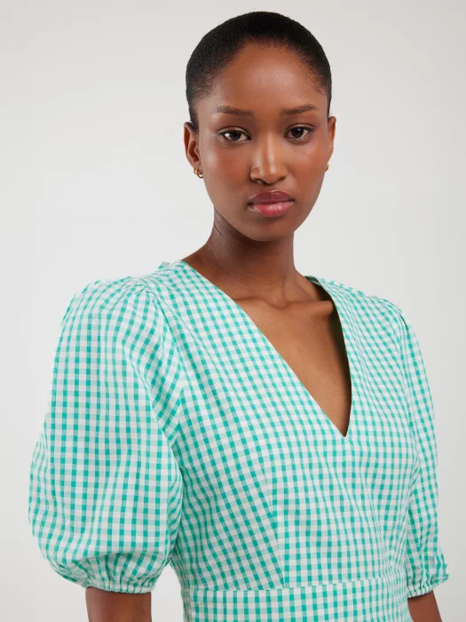 Sukienka damska midi w drobną kratkę z wiązaniem na plecach turkusowa Tiko 302