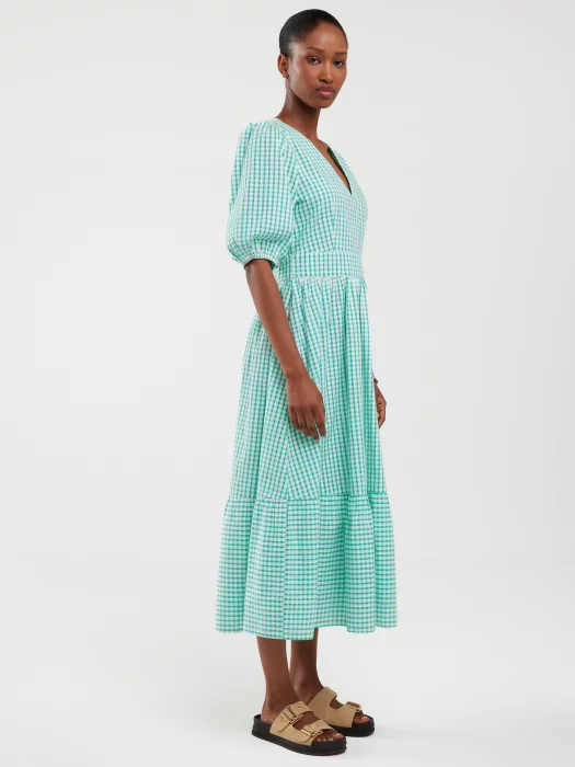 Sukienka damska midi w drobną kratkę z wiązaniem na plecach turkusowa Tiko 302