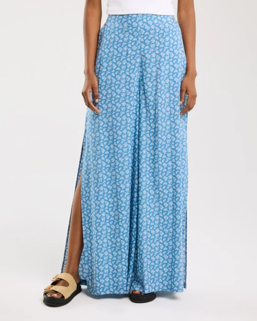 Spodnie damskie wide z wiskozy z motywem kwiatowym niebieskie Bohimi 402