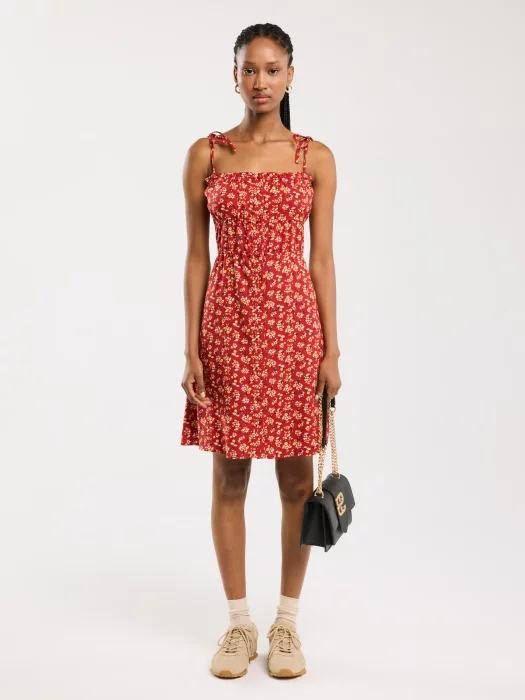 Sukienka damska mini z wiskozy z motywem kwiatowym czerwona Casie 603