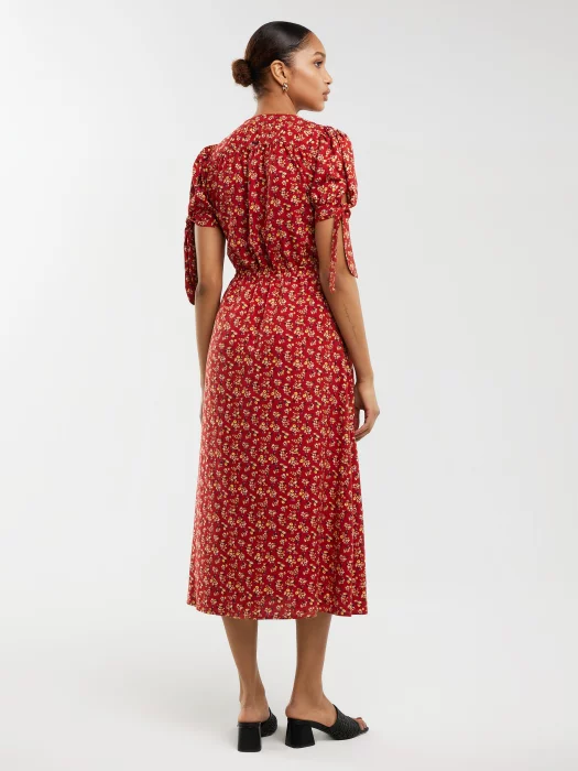 Sukienka damska midi z wiskozy z motywem kwiatowym czerwona Paregi 603