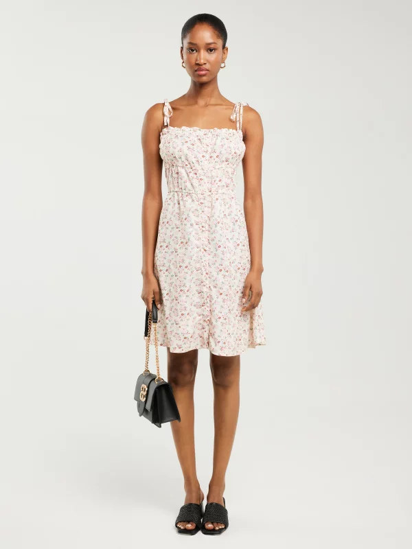 Sukienka damska mini z wiskozy z motywem kwiatowym kremowa Casie 102