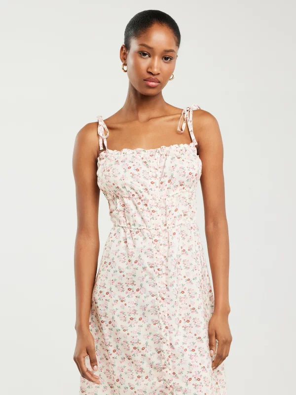 Sukienka damska mini z wiskozy z motywem kwiatowym kremowa Casie 102