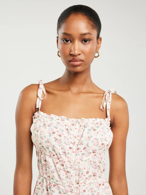 Sukienka damska mini z wiskozy z motywem kwiatowym kremowa Casie 102