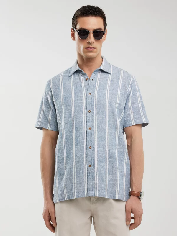 Koszula męska bawełniana w pasy niebieska Luizner 401