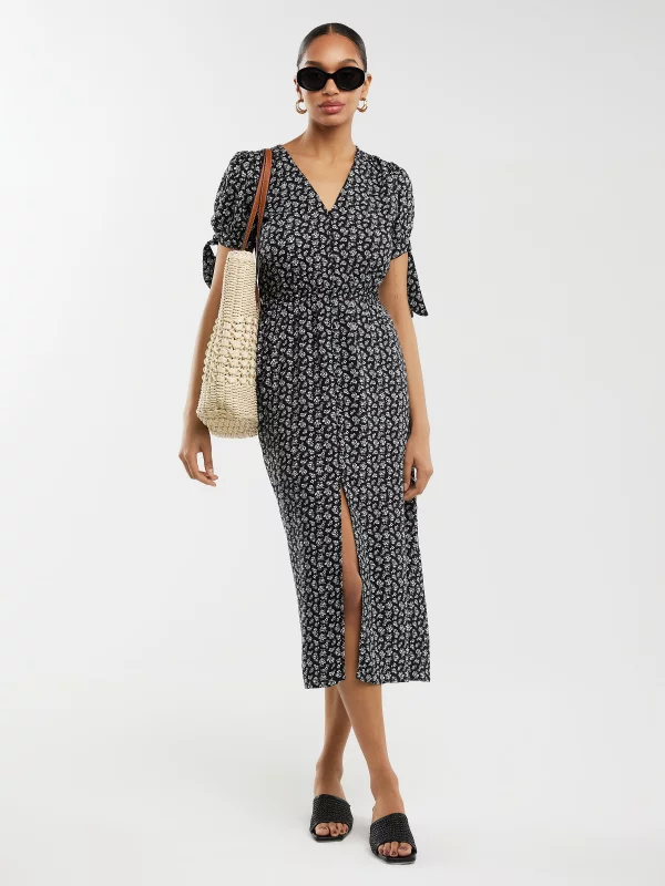 Sukienka damska midi z wiskozy z motywem kwiatowym czarna Paregi 906