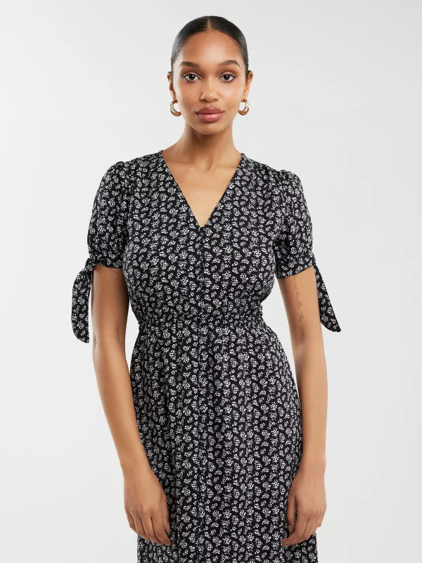 Sukienka damska midi z wiskozy z motywem kwiatowym czarna Paregi 906