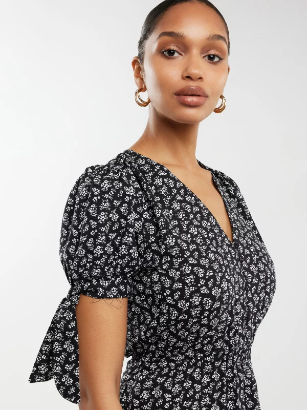 Sukienka damska midi z wiskozy z motywem kwiatowym czarna Paregi 906