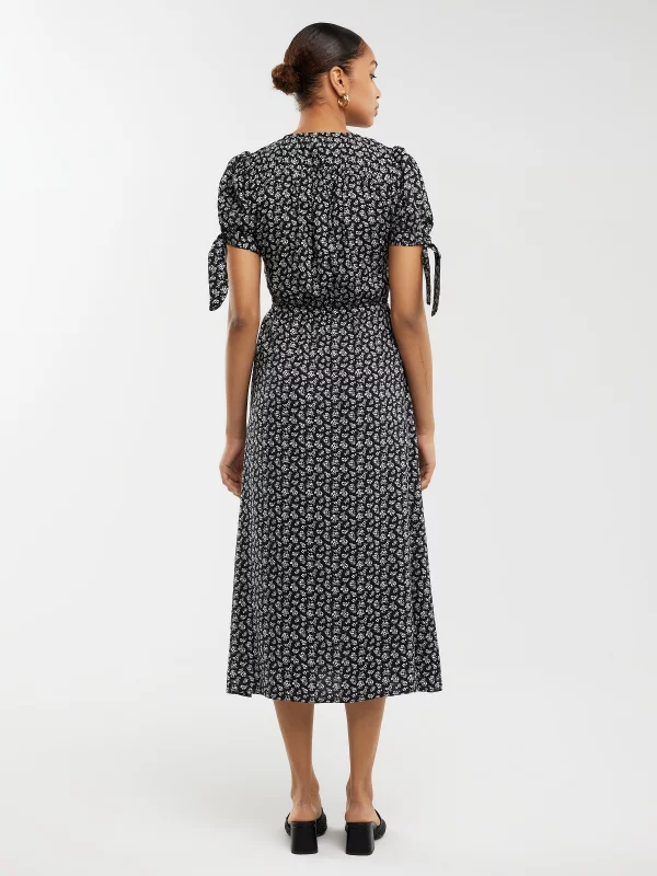 Sukienka damska midi z wiskozy z motywem kwiatowym czarna Paregi 906