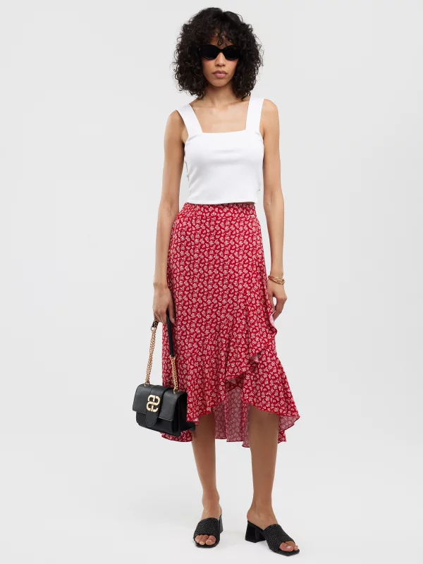 Spódnica damska midi z wiskozy z falbaną czerwona Tyla 603