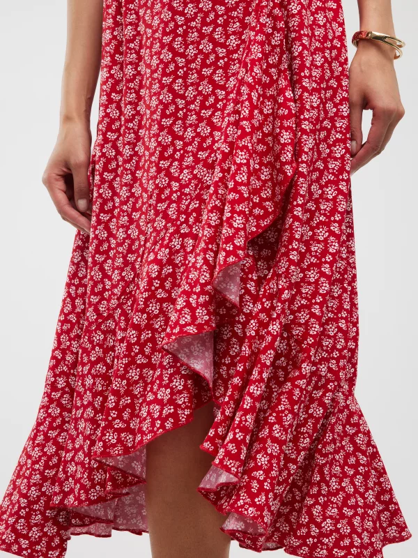 Spódnica damska midi z wiskozy z falbaną czerwona Tyla 603