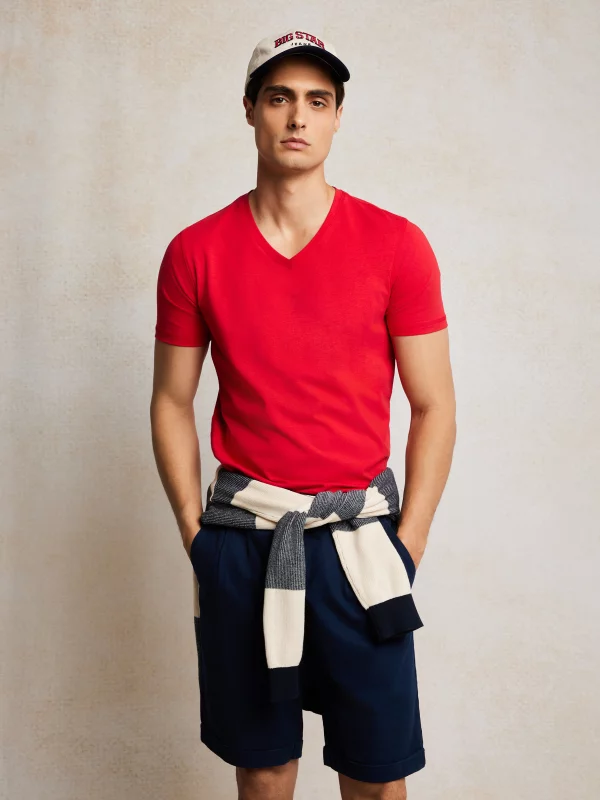 Koszulka męska slim v-neck czerwona Irtos 603