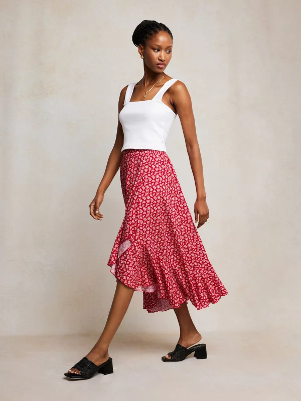 Spódnica damska midi z wiskozy z falbaną czerwona Tyla 603