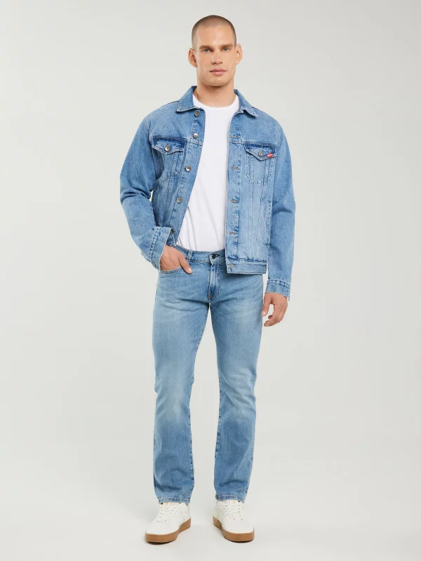 Jeansy męskie dopasowane z przetarciami jasnoniebieskie Tobias 295