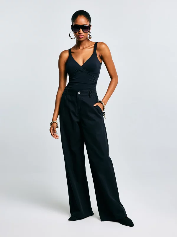 Spodnie damskie z szeroką nogawką z dodatkiem lnu czarne Malu 907