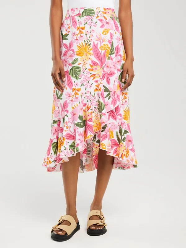 Spódnica damska midi z wiskozy z falbaną w kwiaty Tyla 000