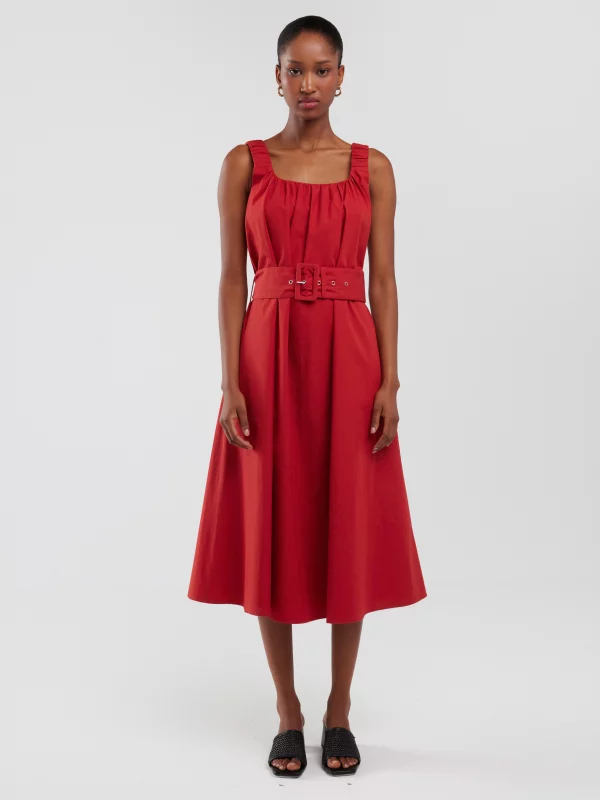 Sukienka damska midi na ramiączkach z paskiem ceglano-czerwona Ruena 704