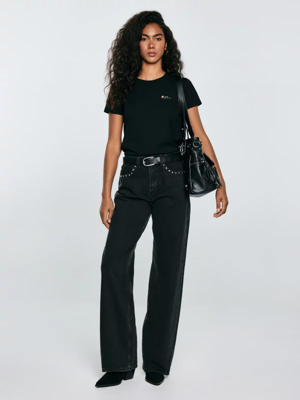 Jeansy damskie z szeroką nogawką z ozdobnymi dżetami czarne Atrea 929