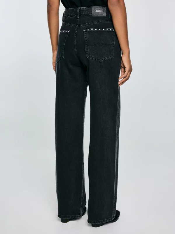 Jeansy damskie z szeroką nogawką z ozdobnymi dżetami czarne Atrea 929