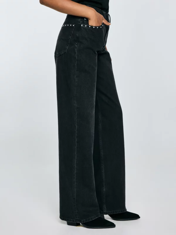 Jeansy damskie z szeroką nogawką z ozdobnymi dżetami czarne Atrea 929