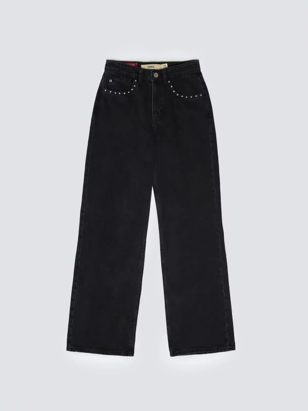 Jeansy damskie z szeroką nogawką z ozdobnymi dżetami czarne Atrea 929