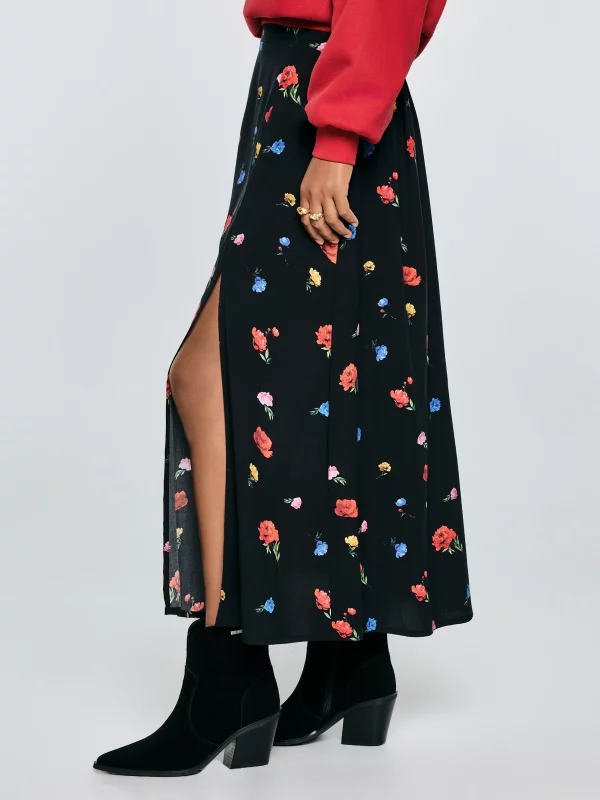Spódnica damska midi z wiskozy z motywem kwiatowym czarna Brie 906