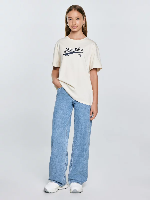 Koszulka dziewczęca oversize z nadrukiem kremowa Emillia 103