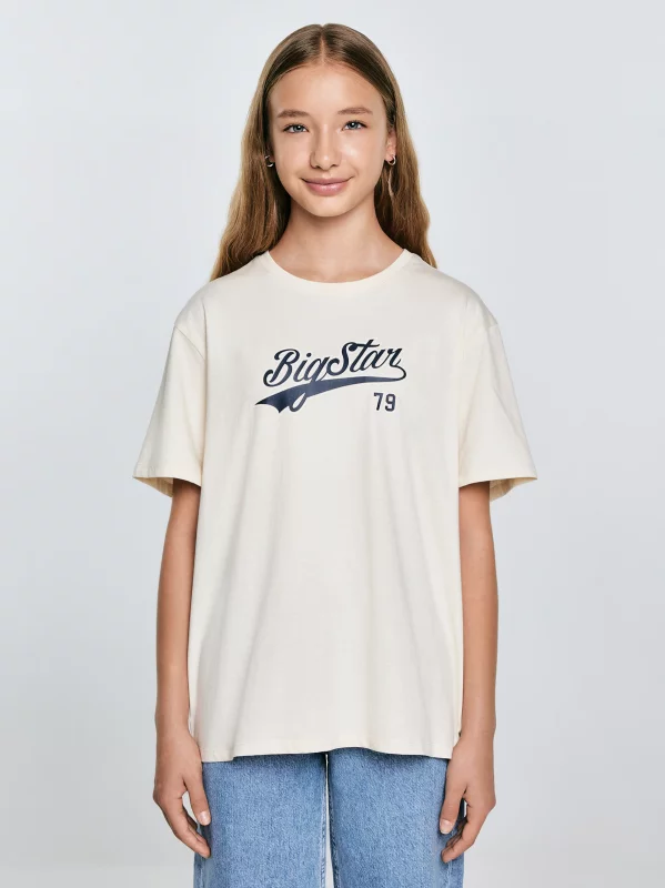 Koszulka dziewczęca oversize z nadrukiem kremowa Emillia 103