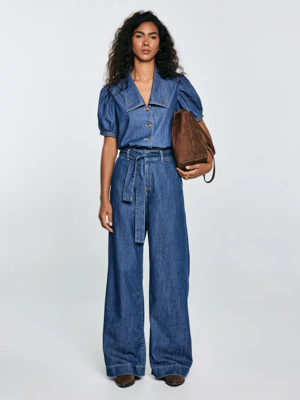 Jeansy damskie wide z paskiem granatowe Julii 398