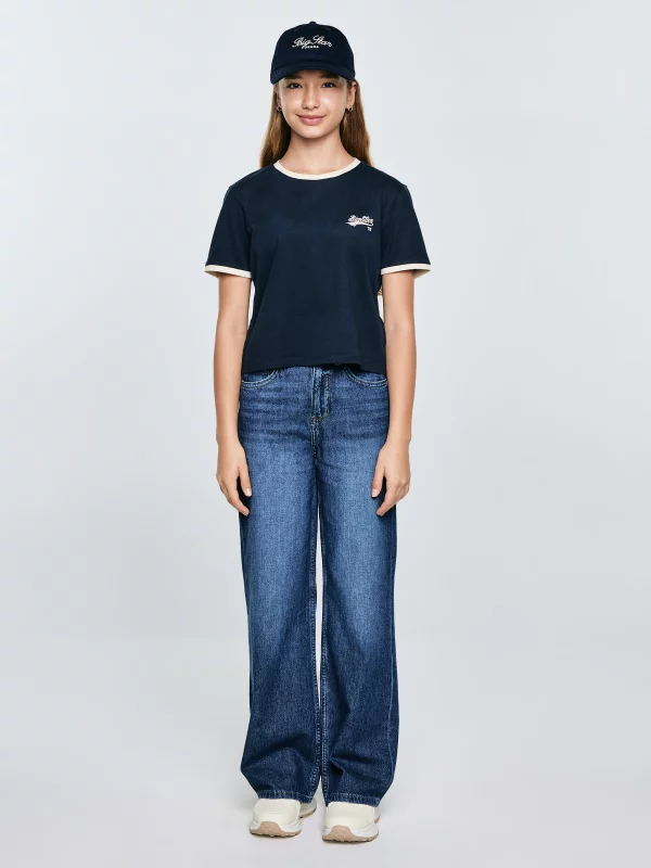 Koszulka dziewczęca z kontrastowym wykończeniem granatowa Kola 403