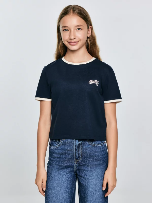 Koszulka dziewczęca z kontrastowym wykończeniem granatowa Kola 403