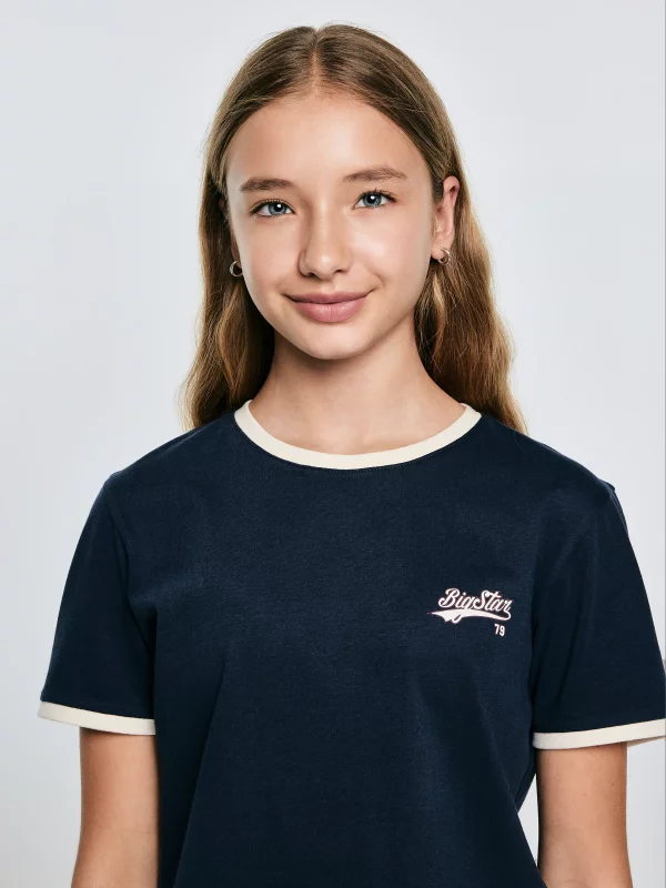 Koszulka dziewczęca z kontrastowym wykończeniem granatowa Kola 403