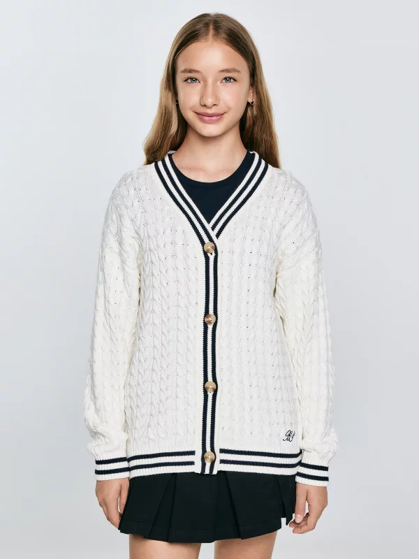 Kardigan dziewczęcy z kontrastowym wykończeniem kremowy Misia 102