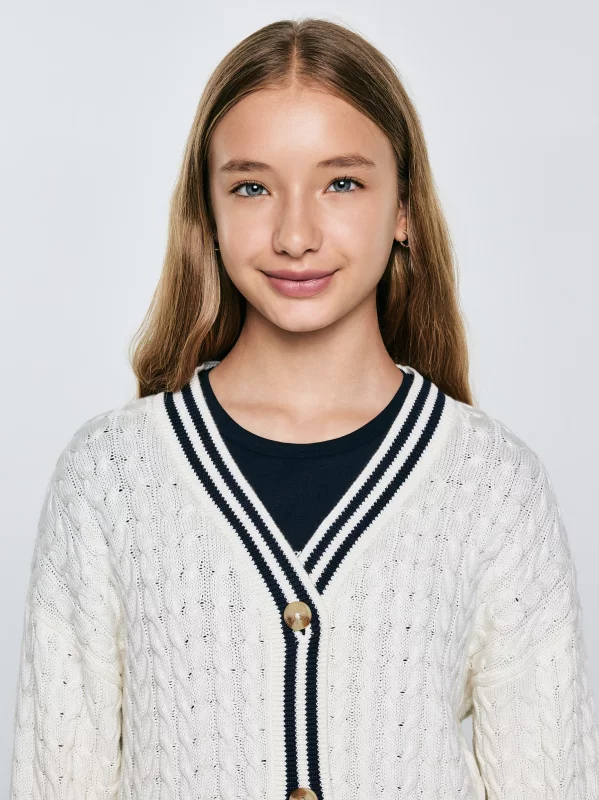 Kardigan dziewczęcy z kontrastowym wykończeniem kremowy Misia 102
