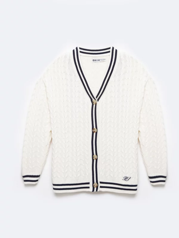 Kardigan dziewczęcy z kontrastowym wykończeniem kremowy Misia 102