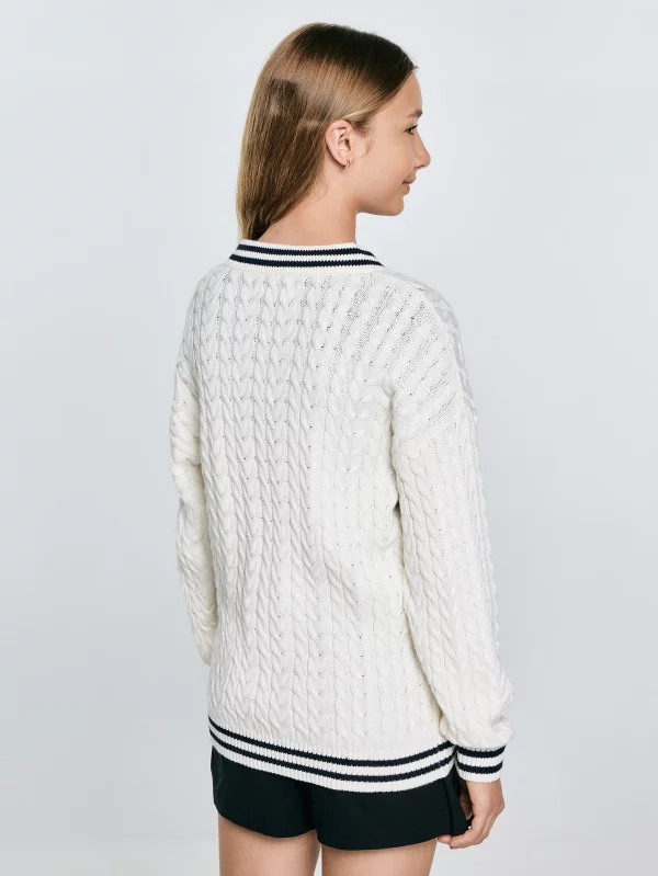 Kardigan dziewczęcy z kontrastowym wykończeniem kremowy Misia 102