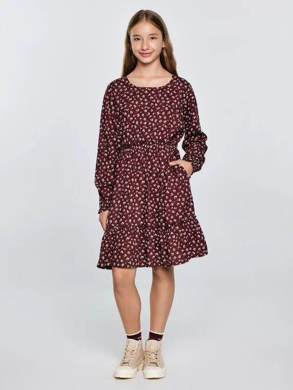 Sukienka dziewczęca z wiskozy z motywem kwiatowym bordowa Namisa 604