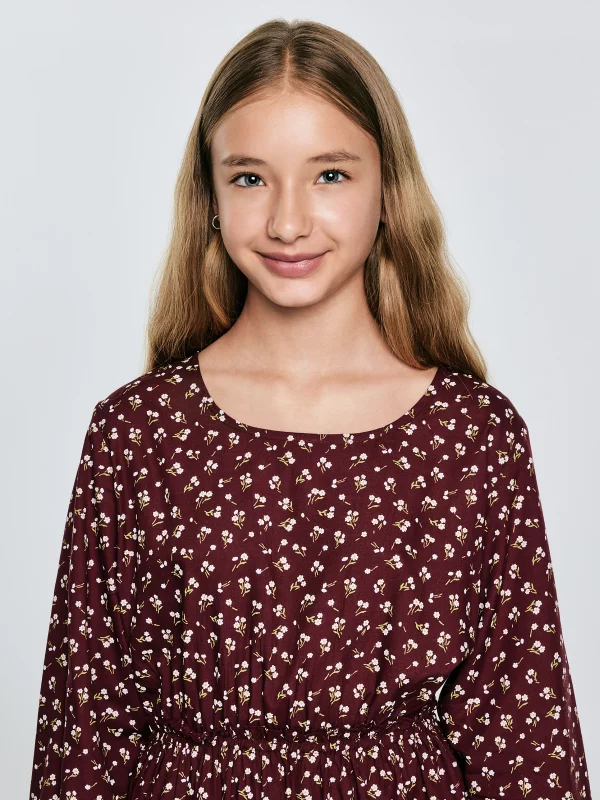 Sukienka dziewczęca z wiskozy z motywem kwiatowym bordowa Namisa 604
