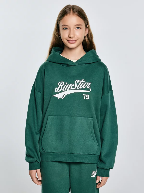 Bluza dziewczęca z kapturem z nadrukiem zielona Rubilia 304