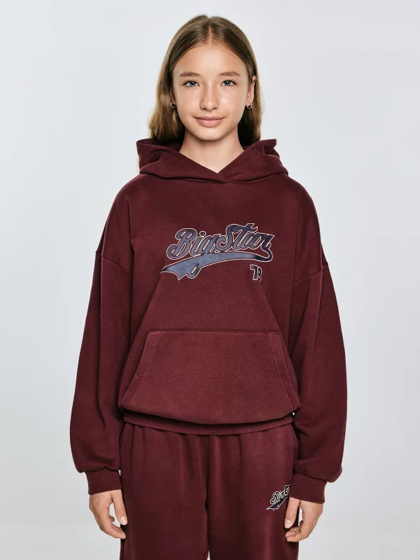 Bluza dziewczęca z kapturem z nadrukiem bordowa Rubilia 604