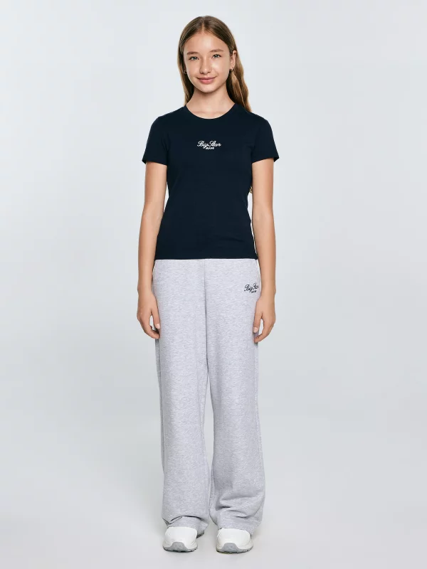 Koszulka dziewczęca slim z haftem granatowa Tomsa 403