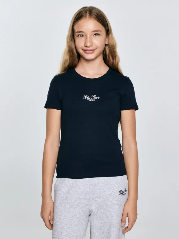 Koszulka dziewczęca slim z haftem granatowa Tomsa 403