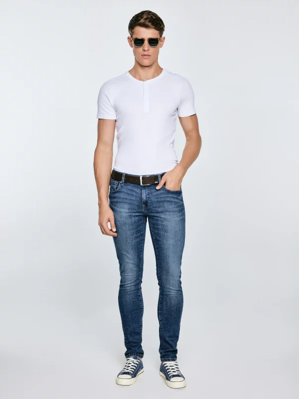 Jeansy męskie dopasowane z przetarciami granatowe Nader 495